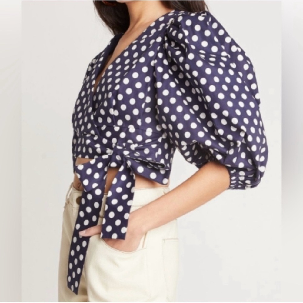 Choosy Polka Dot Puff Sleeve Wrap Crop Top Size Small Feminine